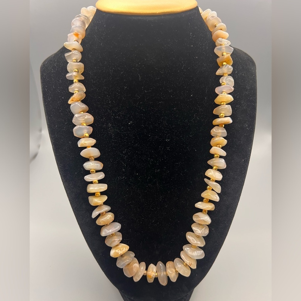 Natural Tumbled Agate Chip Necklace with Gold Accents – 20”